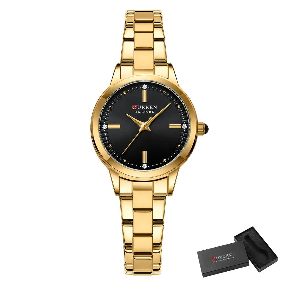 CURREN Original Quartz Watch for Women Fashion Elegant Ladies Watches Stainless Steel Waterproof Women's Wristwatch Shoes Field gold black box