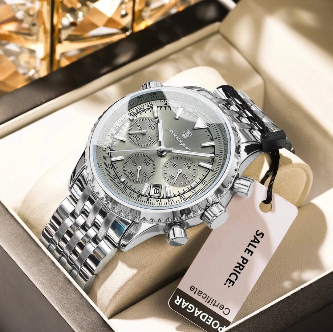 POEDAGAR Luxury Watches For Men Date Chronograph Stainless Steel Man Watch Waterproof Luminous Sport Military Men's Quartz Watch Shoes Field 960 Silver GunColor