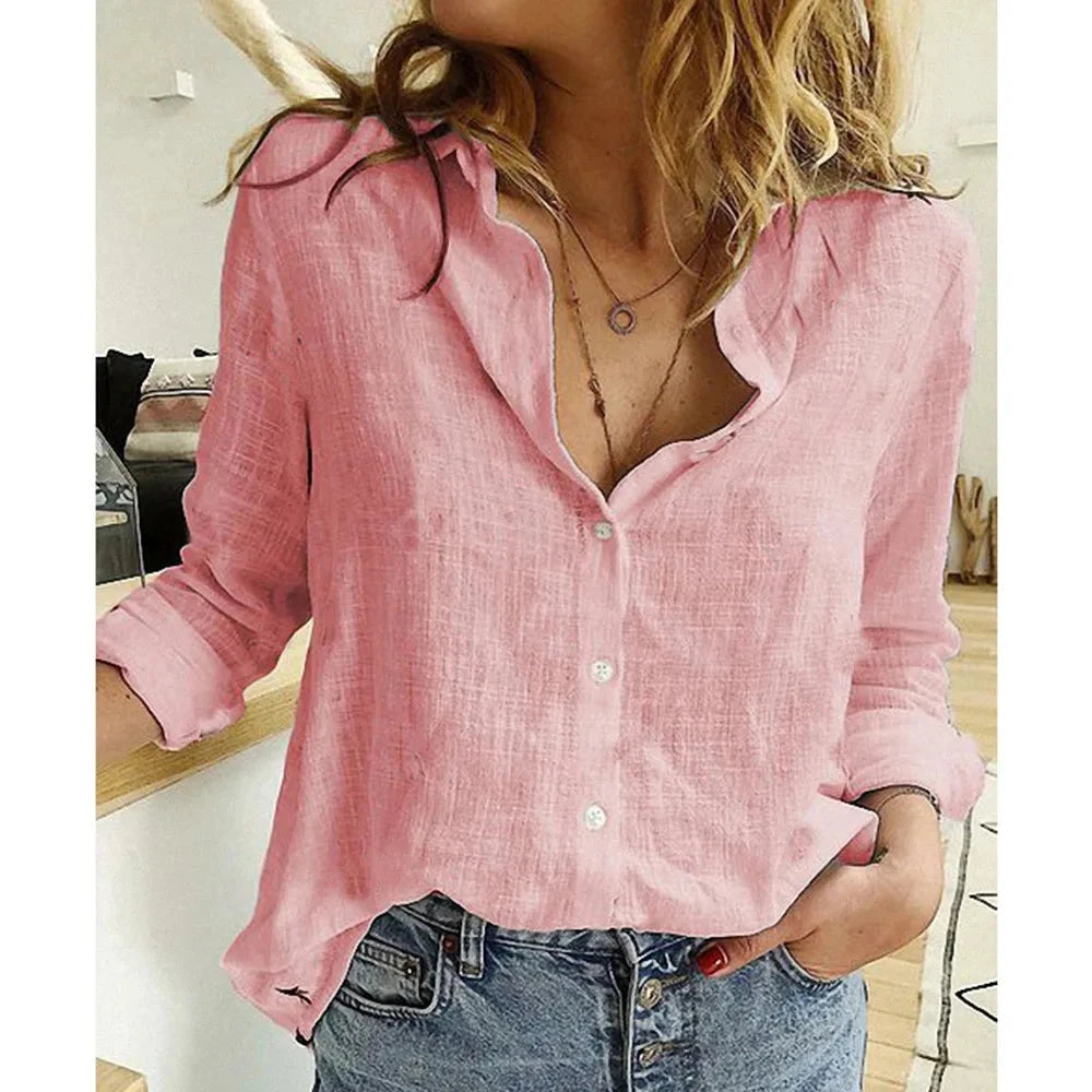 Women’s Casual Long Sleeve Cotton and Linen Shirt Women’s Casual Long Sleeve Cotton and Linen Shirt Shoes Field Pink S 