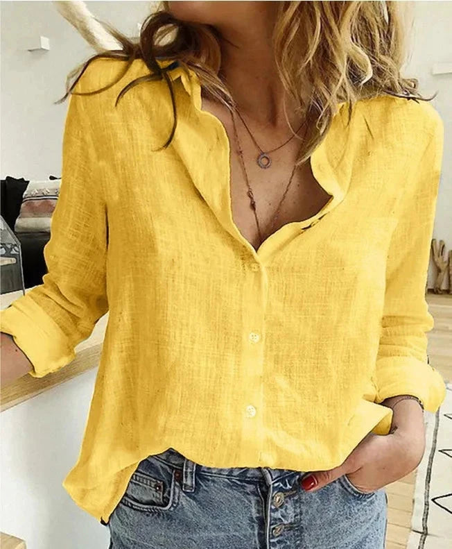Women’s Casual Long Sleeve Cotton and Linen Shirt Women’s Casual Long Sleeve Cotton and Linen Shirt Shoes Field Yellow S 