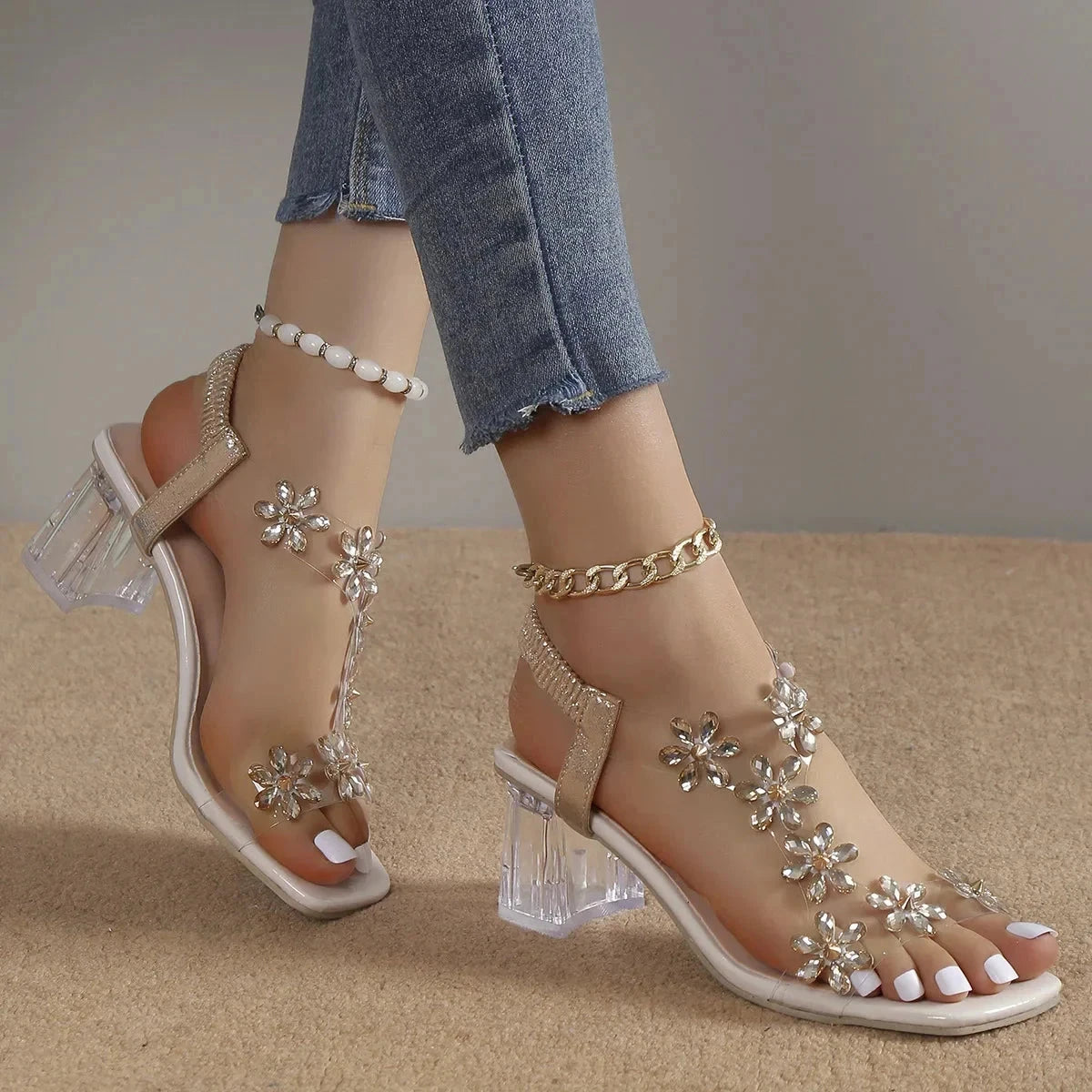 Women's Flower Rhinestone Heel Sandals Women's Flower Rhinestone Heel Sandals Shoes Field Champagne Gold US 5 / EU 35 / UK/AU 2.5 