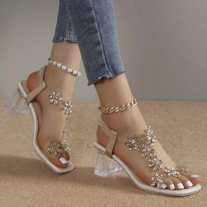 Women's Flower Rhinestone Heel Sandals Women's Flower Rhinestone Heel Sandals Shoes Field Champagne Gold US 5 / EU 35 / UK/AU 2.5 